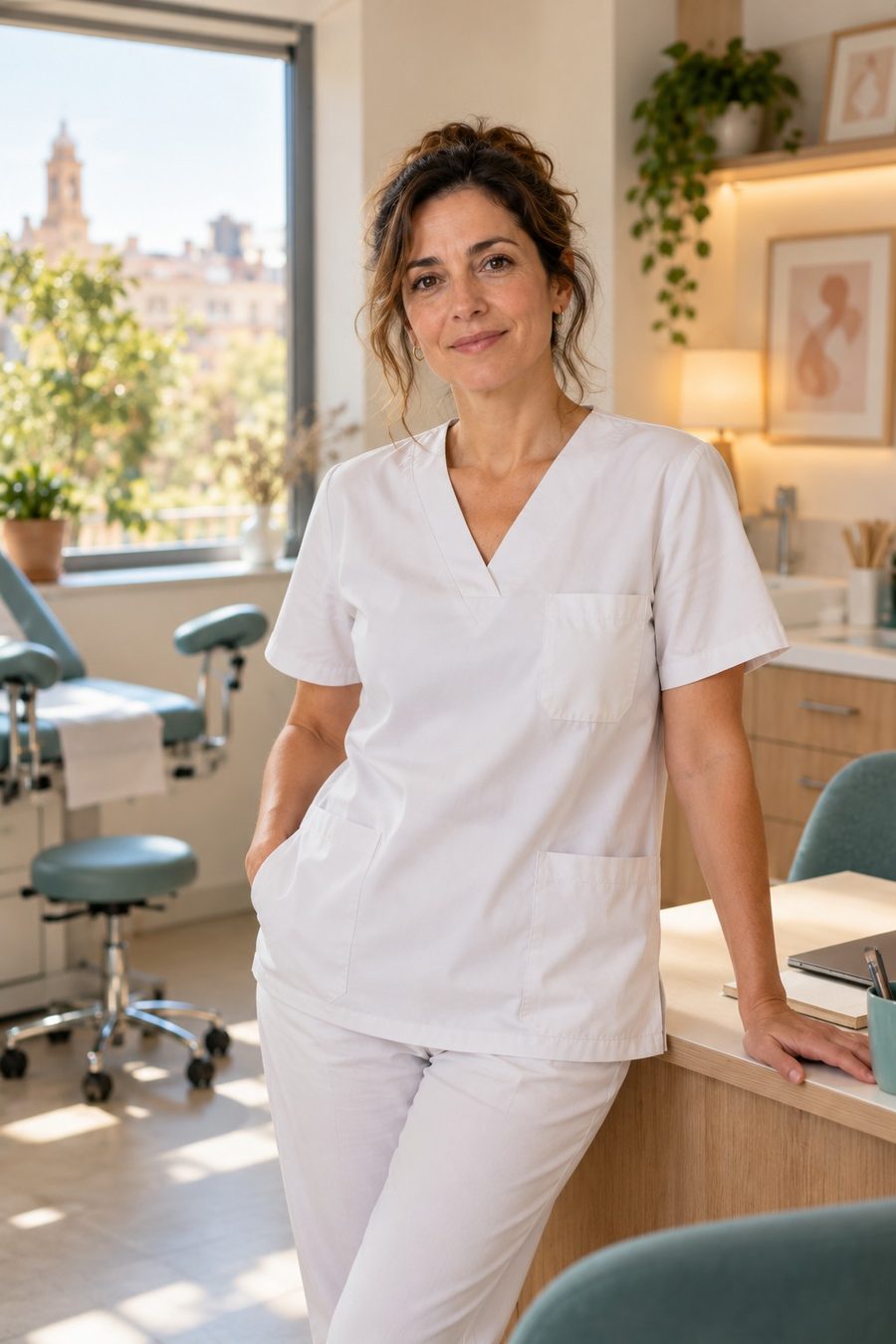 Matrona con uniforme blanco en su consulta